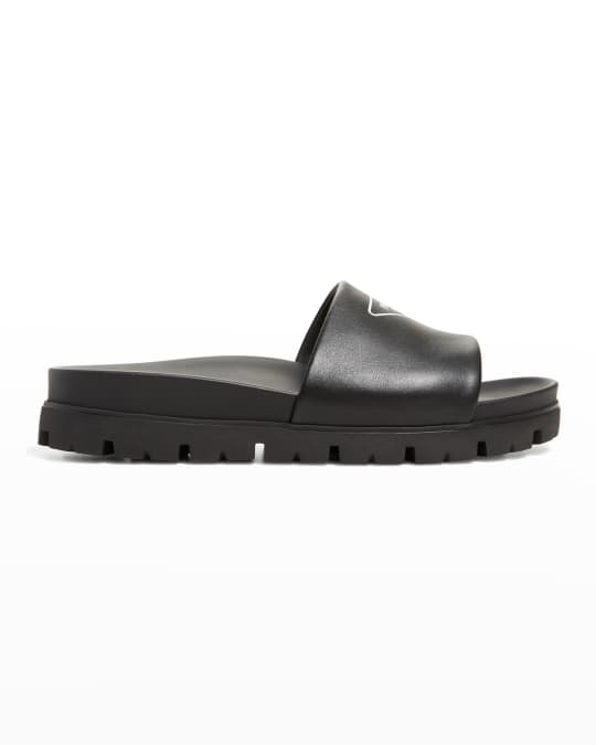 Prada Men's Leather Logo Slide Sandals | Neiman Marcus