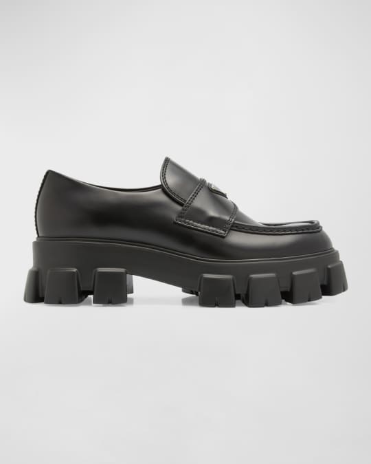Prada Men's Monolith Lug-Sole Brushed Leather Loafers