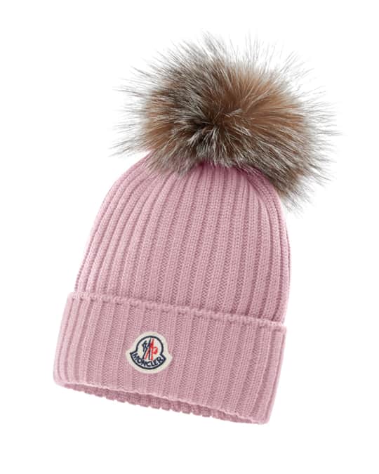 Moncler Kid's Rib-Knit Beanie Hat w/ Fur Pompom | Neiman Marcus