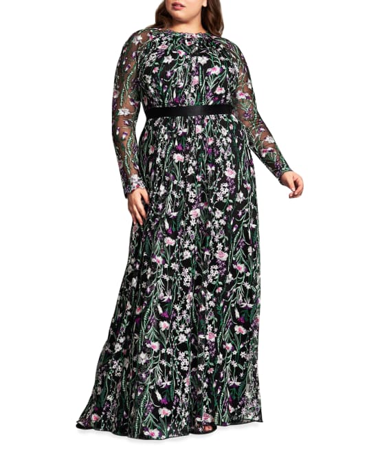 Plus Size Floral Embroidered Long Sleeve Gown