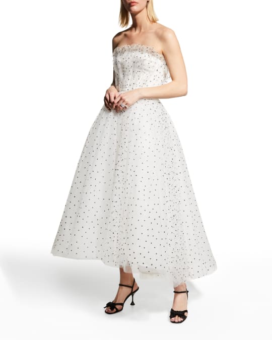 Ruffled Strapless Star Tulle Tea Length Dress