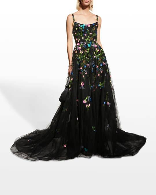 Monique Lhuillier Floral-Embroidered Tulle Ball Gown | Neiman Marcus
