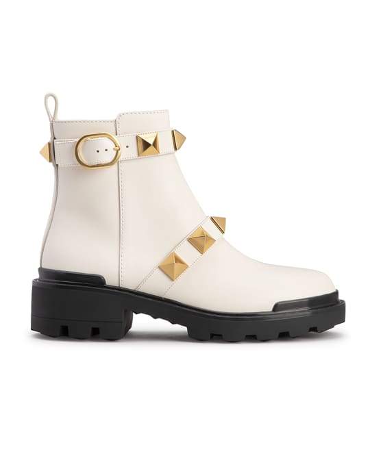 Valentino Garavani Roman Stud Leather Buckle Ankle Boots | Neiman Marcus