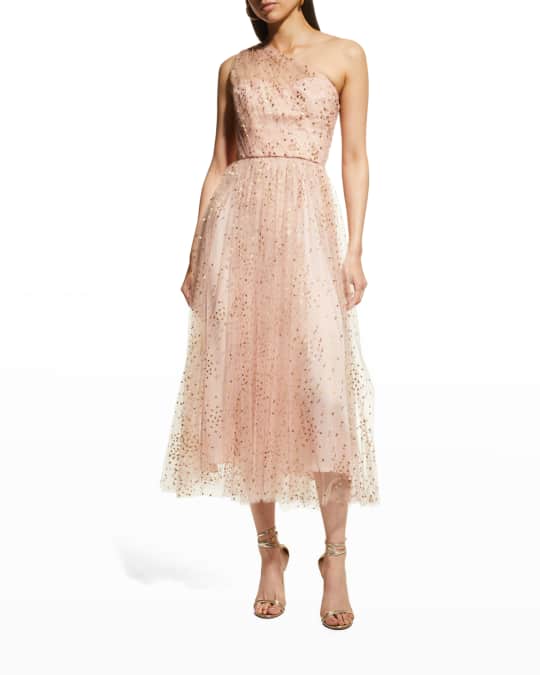 Monique Lhuillier One Shoulder Illusion Tulle Tea Length Dress Neiman Marcus