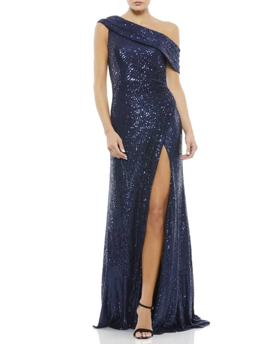 Ieena for Mac Duggal Metallic Sequin Off Shoulder Gown Neiman Marcus