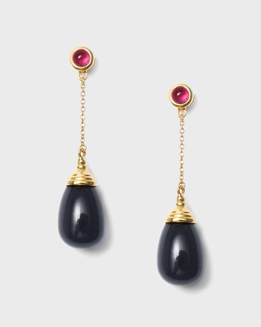 Syna 18k Black Onyx Drop Chain Earrings with Rubellite | Neiman Marcus
