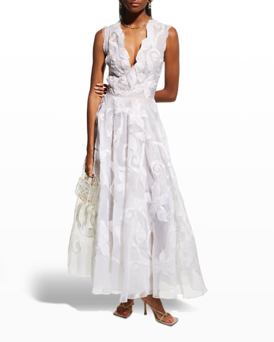 Oscar de la Renta Crushed Flower Embroidered A-Line Midi Dress