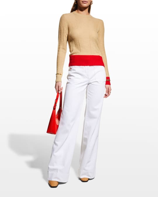 Victoria Beckham Red Wide Leg Pants and Striped Sweater Look for