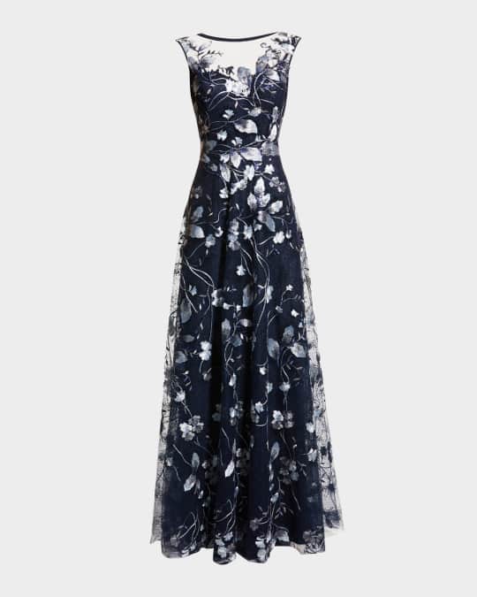 Cap-Sleeve Embroidered Tulle A-Line Gown