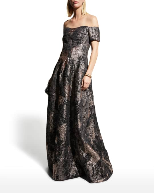 Off Shoulder Metallic Jacquard A Gown