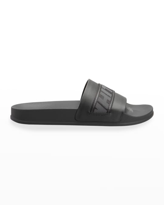 Off-White Men's Logo Industrial Belt Pool Slides, Black | Neiman Marcus