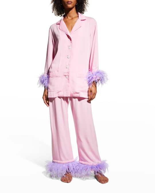 Sleeper Party Pajama Set w/ Double Feather Trim Neiman Marcus