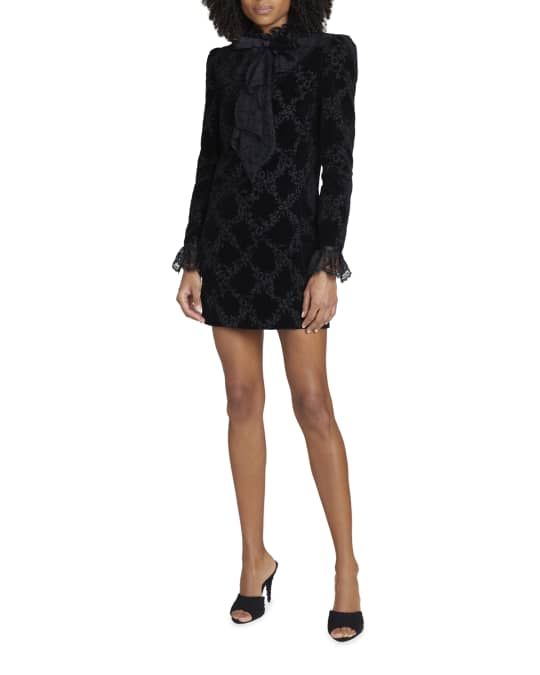 Saint Laurent Embroidered Velvet Ruffle Lace Mini Dress | Neiman Marcus