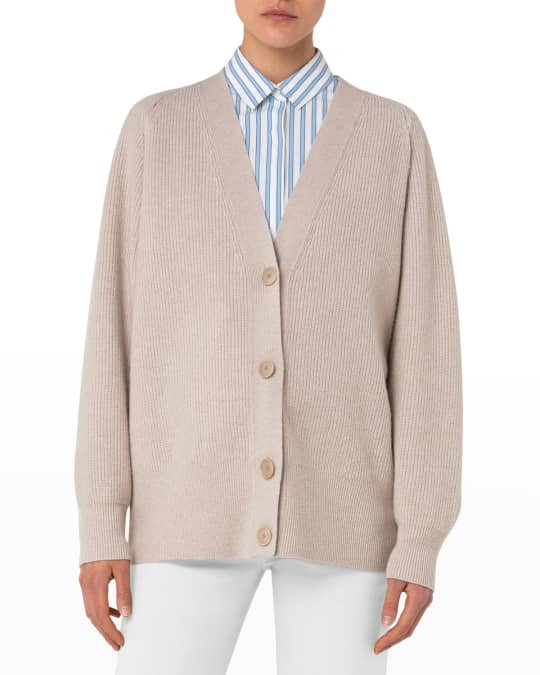 Cashmere Wool Ribbed Cardigan w Arm Slits