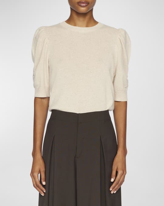 Frankie Cashmere Wool Puff-Sleeve Crewneck Sweater