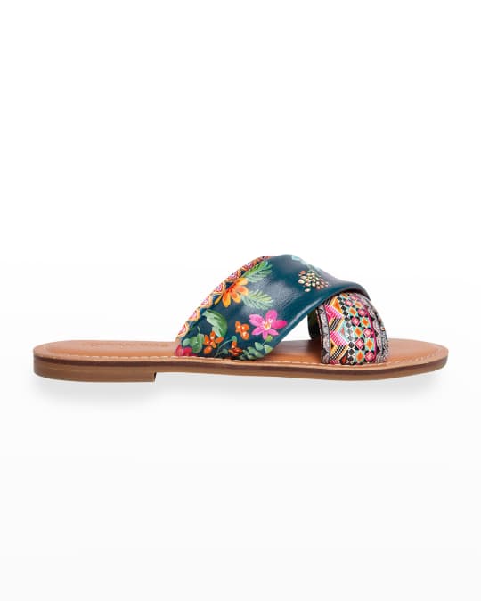 Johnny Was Sonomoa Printed Calfskin Slide Sandals | Neiman Marcus