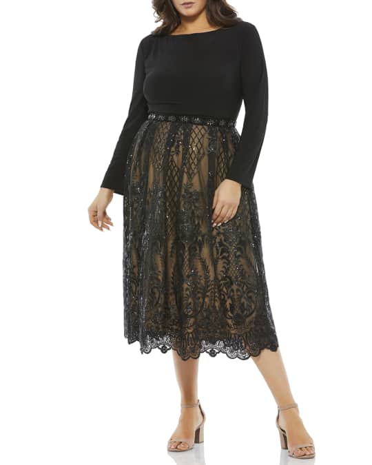Plus Size Long Sleeve Jersey Lace Midi Dress