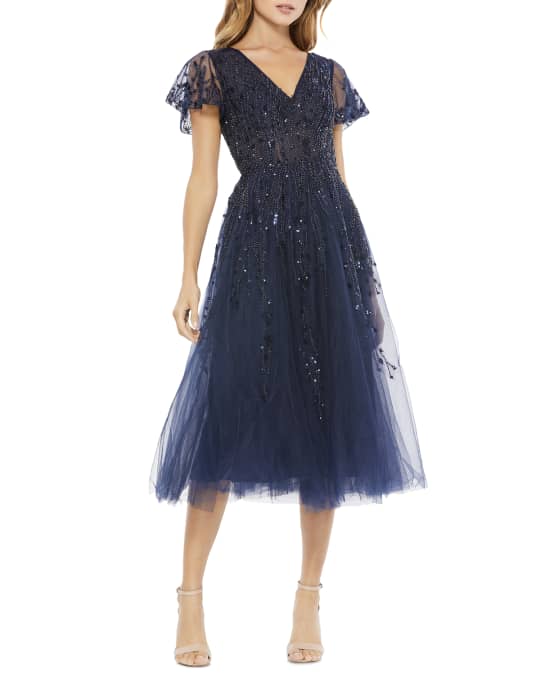 Mac Duggal Sequined Tulle Midi Dress