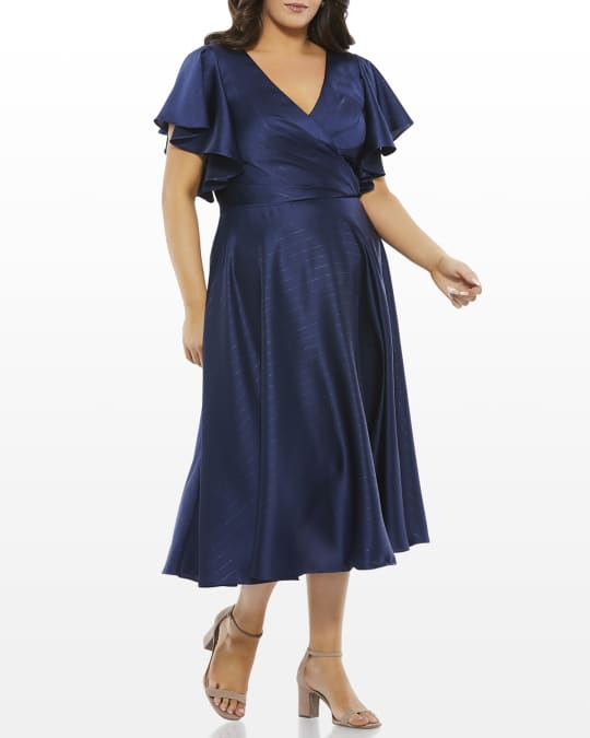 Mac Duggal Plus Size Ruffle Sleeve Midi Satin Dress Neiman Marcus