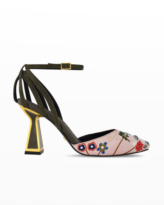 Kat Maconie Fleur Floral Embroidered Ankle-Strap Pumps | Neiman Marcus