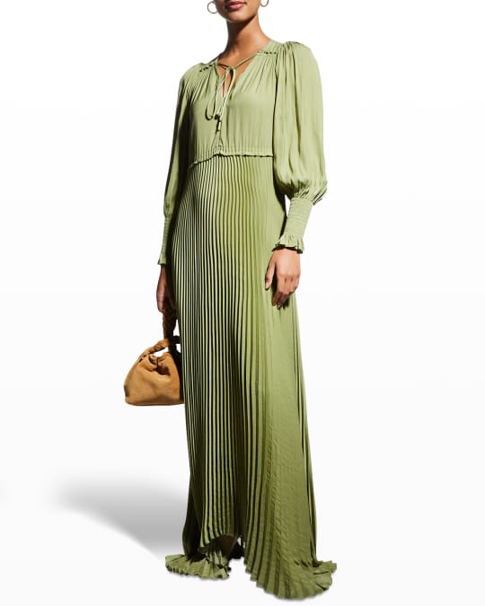 Pleated Sateen Long Sleeve Dress