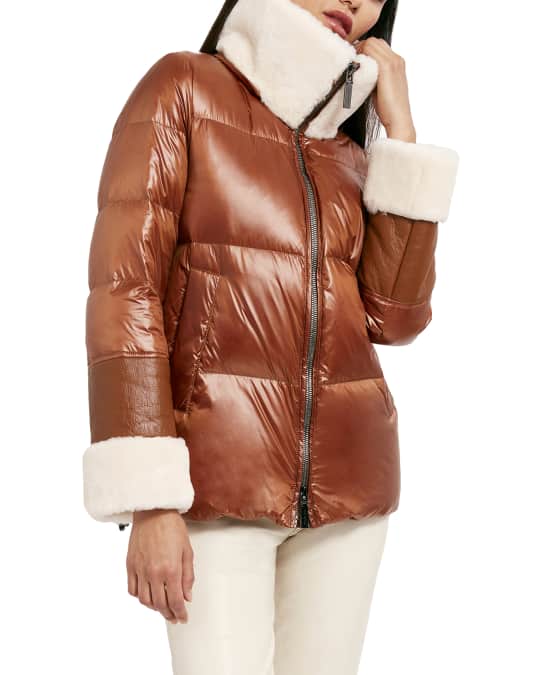 Phoenix Glossy Hooded Puffer with Shearling