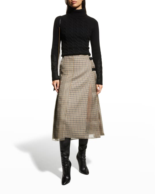 Max Mara Norel Houndstooth Pleated Midi Wrap Skirt w/ Silk