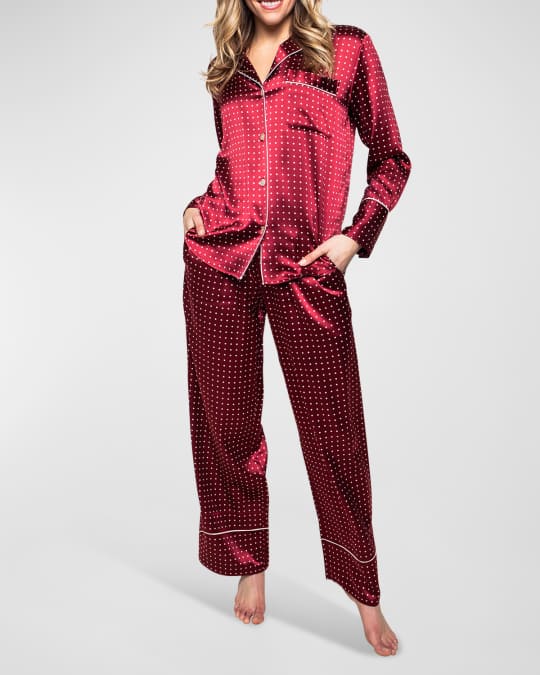 Petite Plume Bordeaux Polka Dots Silk Pajama Set Neiman Marcus