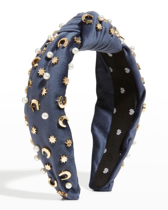 Lele Sadoughi Horseshoe Star Pearl Embellished Knotted Headband NEW Lele Sadoughi Velvet Pearl Knotted Headband - Jet - Murray main image 4