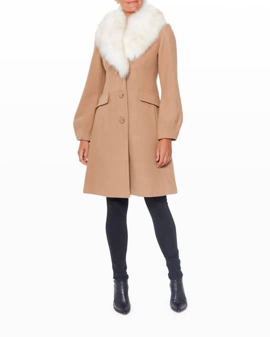 single breasted wool blend fit and flare coat with faux fur