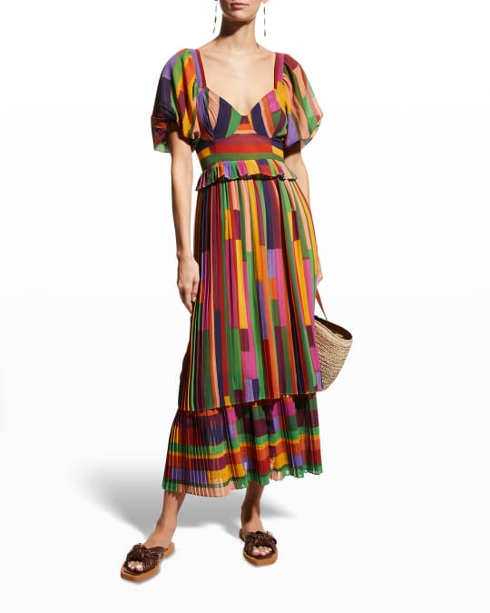 Farm Rio Painted Stripes Blouson-Sleeve Pleated Dress | Neiman Marcus