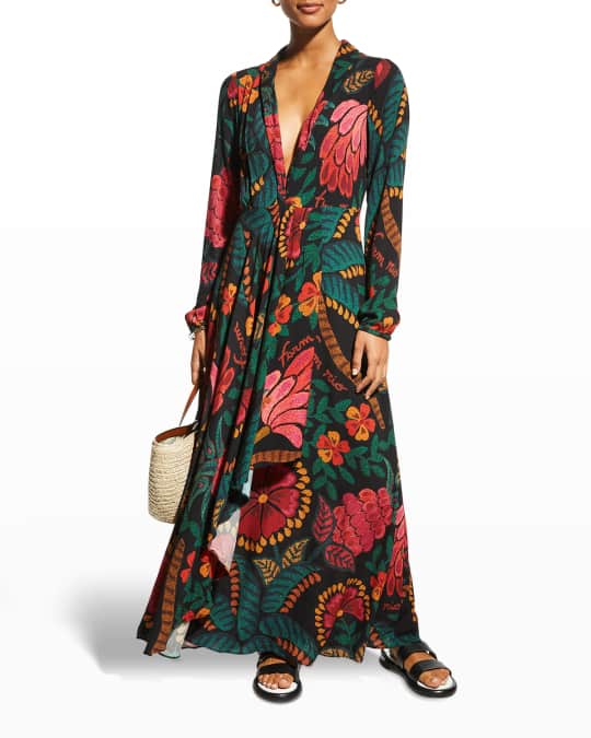 Long sleeve plunge vintage print maxi dress discount