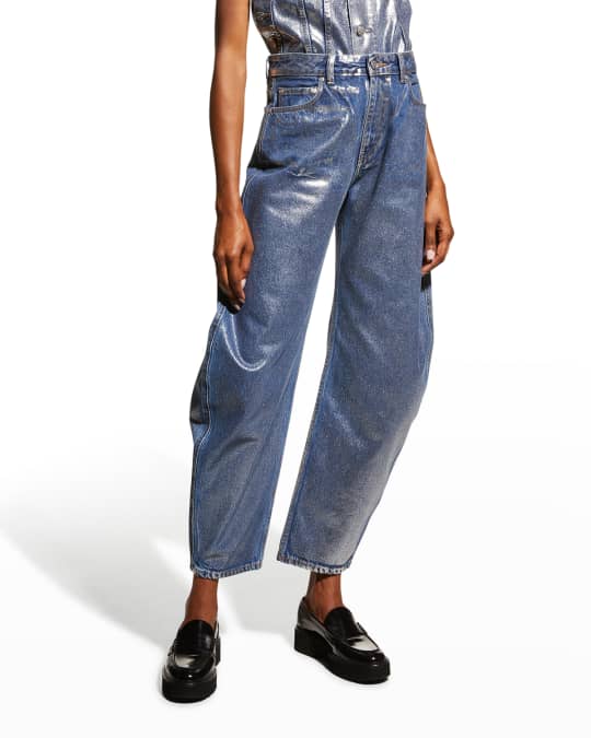 【GANNI】ハイライズ バレルレッグジーンズ クリスタル付き Ganni Silver Barrel-Leg Denim Jeans | Neiman Marcus
