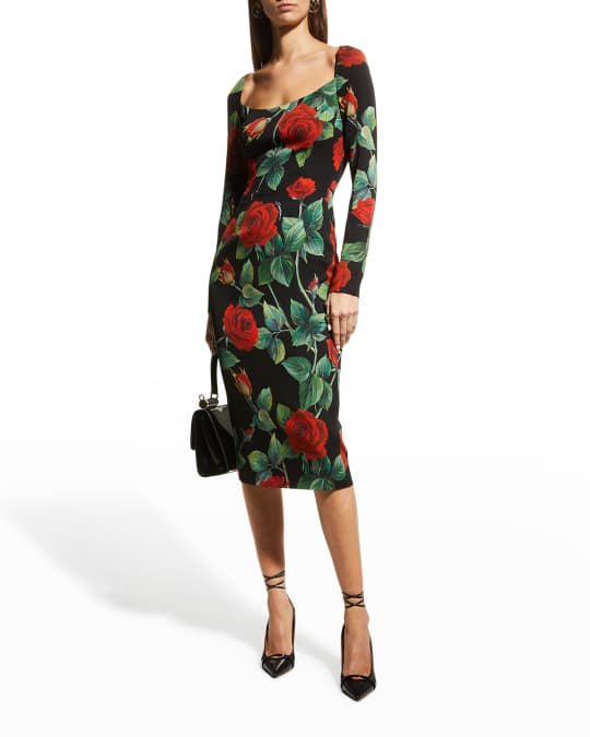 Dolce&Gabbana Rose-Print Midi Sheath Dress Neiman Marcus