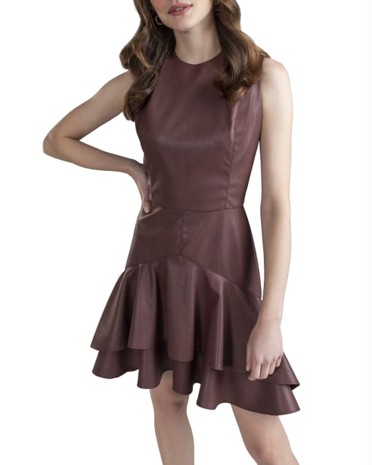Shoshanna Bristol Faux-Leather Ruffle-Hem Dress | Neiman Marcus