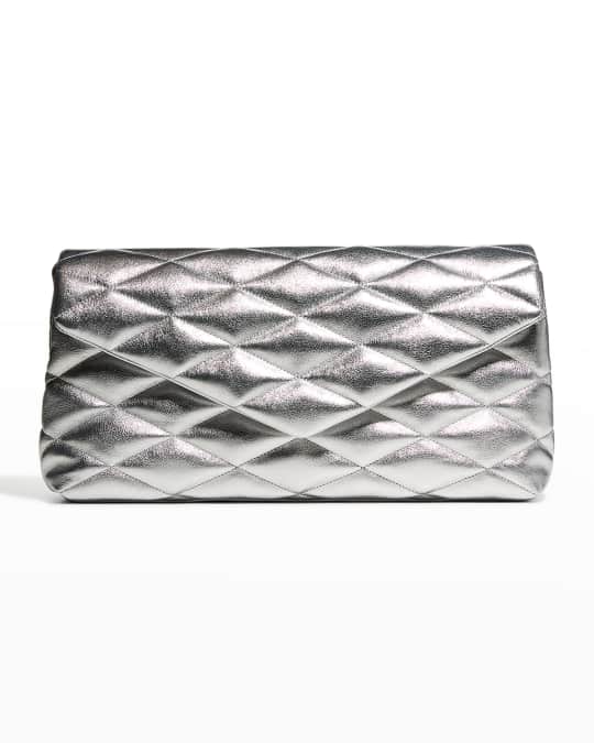 Saint Laurent Puffer Metallic Silver Leather Sade Clutch Bag New