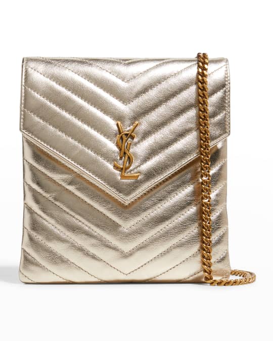 SAINT LAURENT Metallic Lambskin Quilted Double Flap Bag Silver 1232175