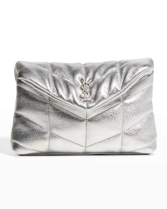 Saint Laurent Puffer Metallic Silver Leather Sade Clutch Bag New
