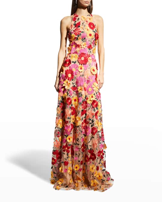 Naeem Khan Floral Embroidered Applique Hater Gown | Neiman Marcus