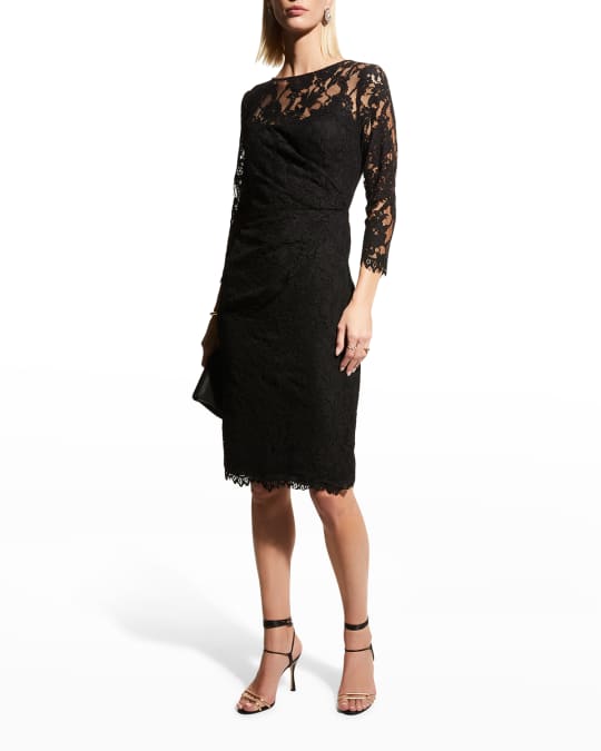 Rickie Freeman for Teri Jon 3/4-Sleeve Draped Lace Sheath Dress ...