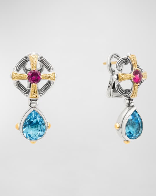 Delos Two-Tone Rhodolite and Swiss Blue Topaz Earrings