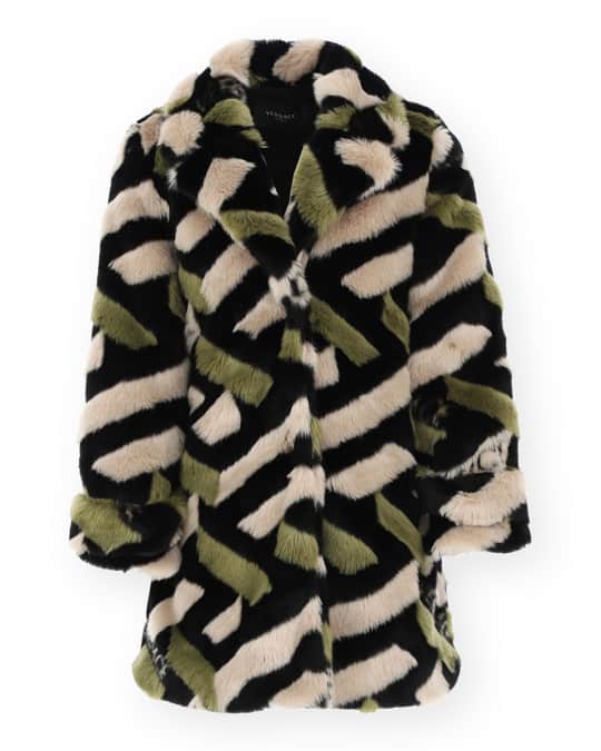 Versace Girls' Greco Pieced Faux Fur Coat, Size 4-6 | Neiman Marcus