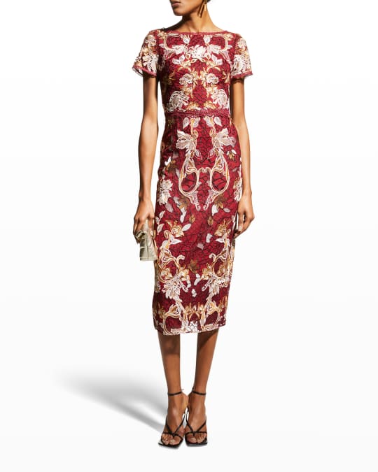 Bateau Neck Embroidered Tea Length Dress