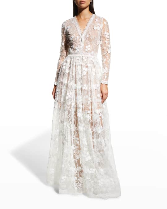 Bronx and Banco Poppy Long-Sleeve Embroidered Mesh Gown | Neiman Marcus