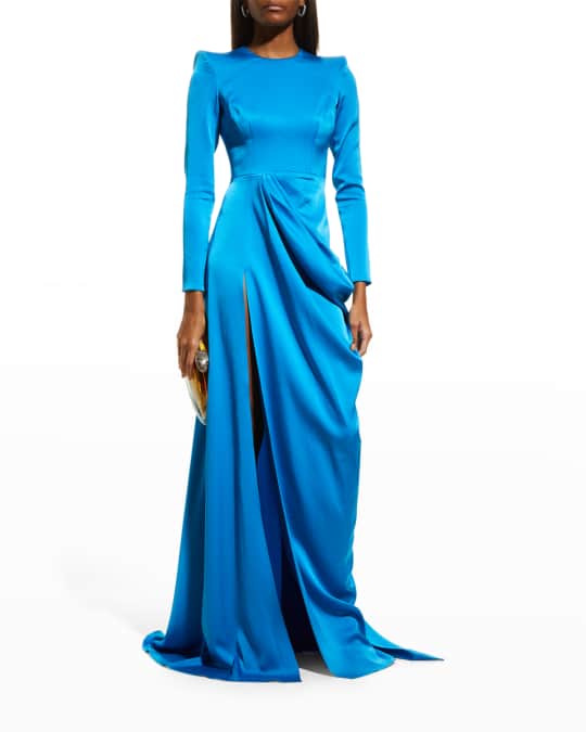 Alex Perry Huxley Strong-Shoulder Draped Thigh-Slit Gown | Neiman Marcus