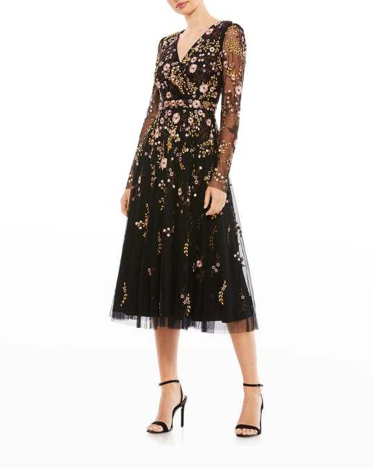 Mac Duggal Floral-Embroidered Long-Sleeve Midi Dress | Neiman Marcus
