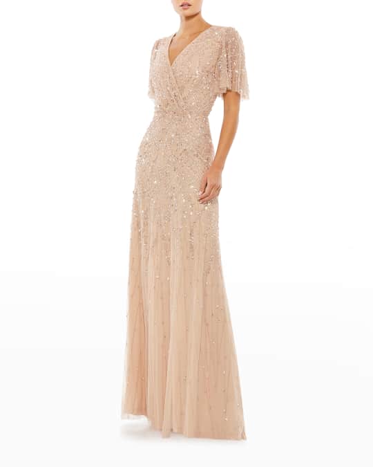 Mac Duggal Flutter Sleeve Beaded Sheath Gown Neiman Marcus