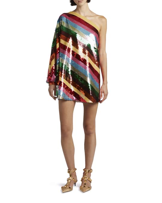 新しい到着 Garavani Valentino Diagonal Mini One-Shoulder Sequin Striped ワンピース