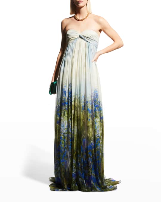 Oscar de la Renta Floral Painting-Print Strapless Gown | Neiman Marcus