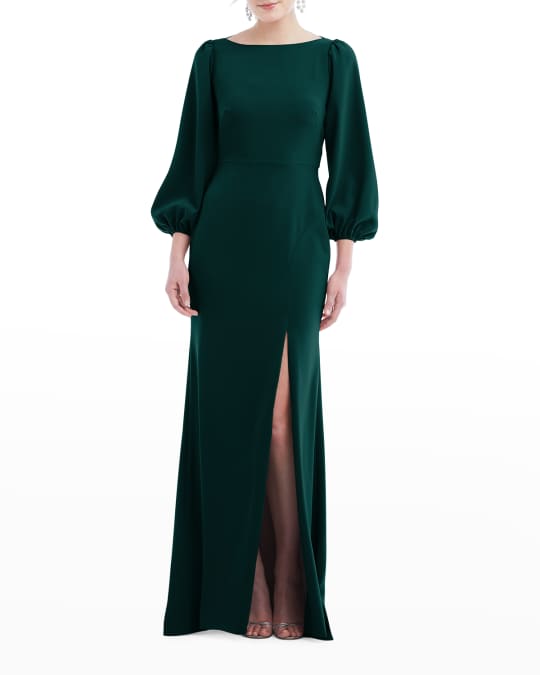 Dessy Collection Blouson-Sleeve Open Tie-Back Crepe Gown | Neiman Marcus